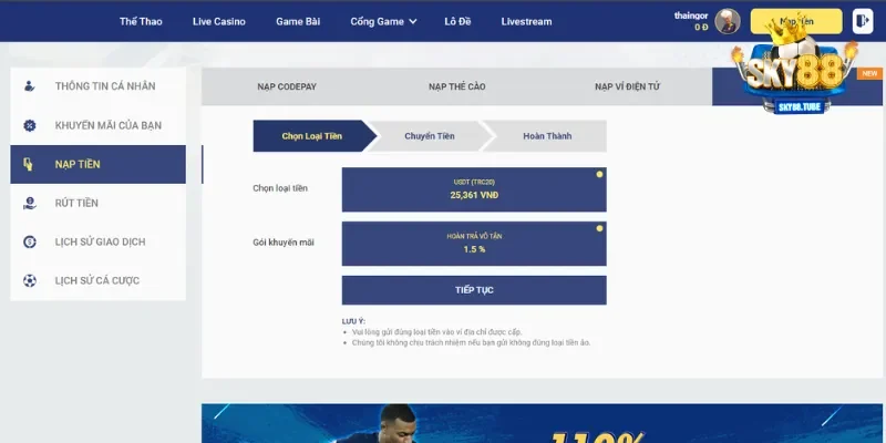 Lựa chọn hình thức nạp vốn cược Sky88 ngoài ngân hàng